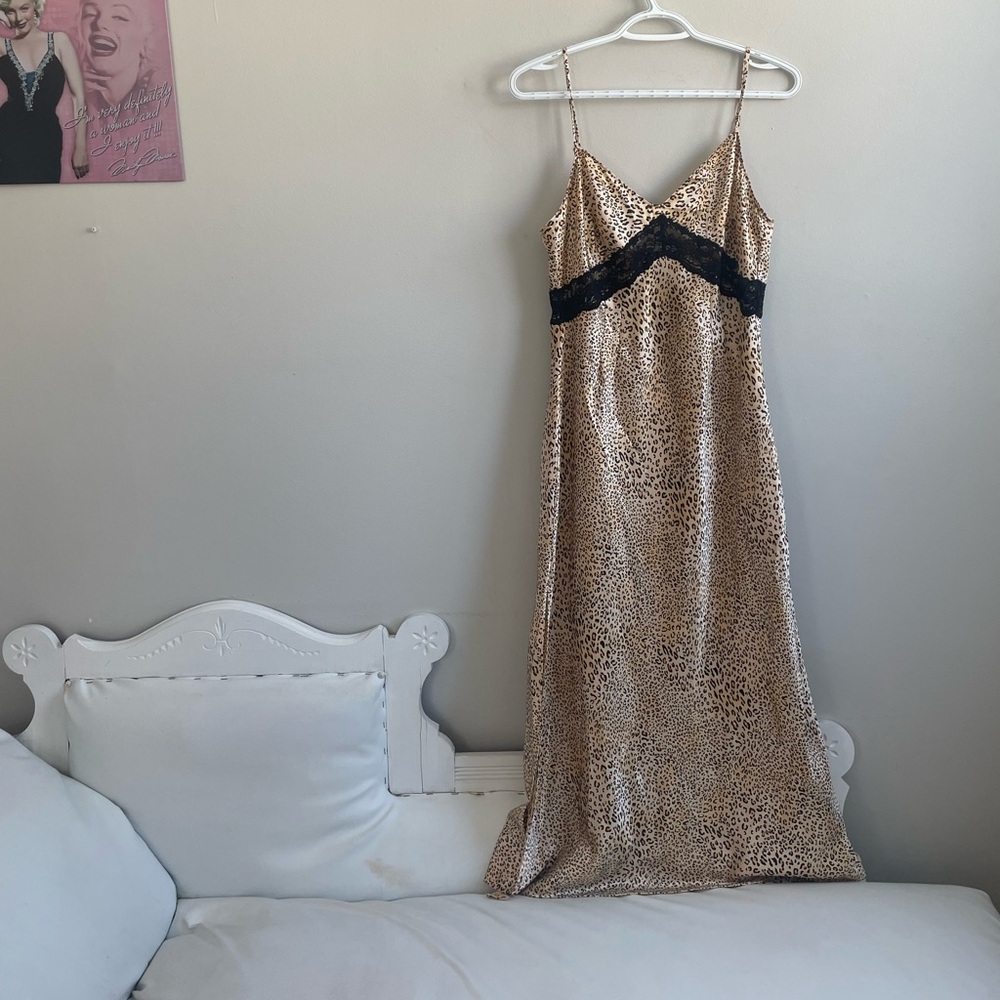 TAN CREAM LEOPARD PRINT SLIP DRESS STRAPS NEGLIGEE BLACK LACE AUGUST SILK - Picture 3 of 11